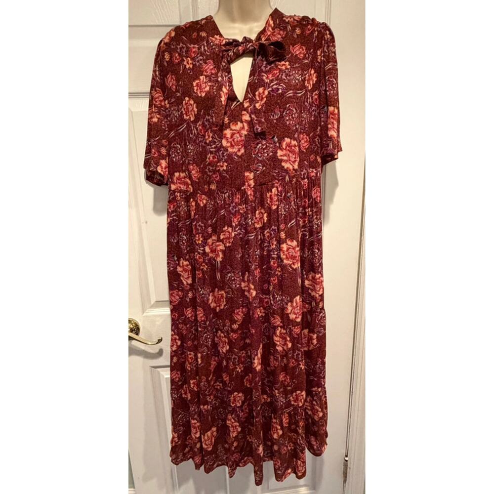 Good Hart Floral Boho Midi Dress Burgundy Rust Red Tie Neck Rayon Medium M - Picture 2 of 11